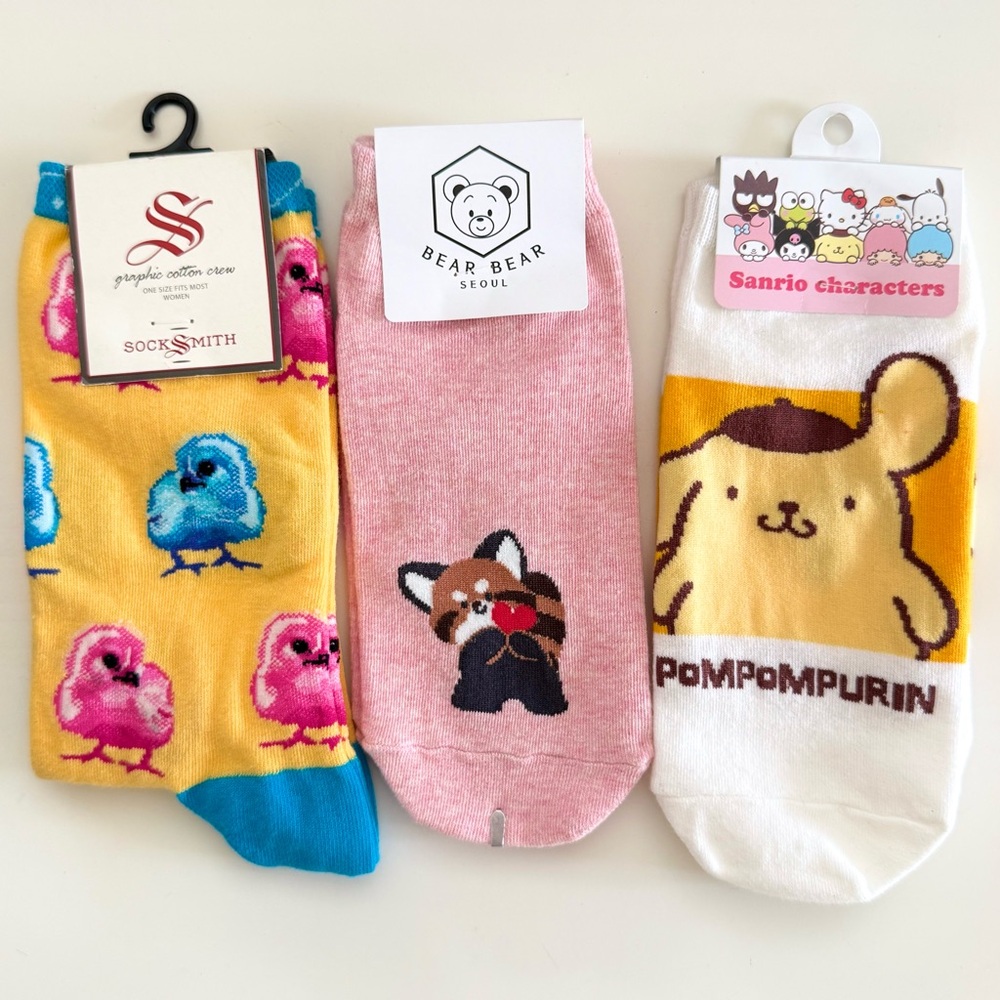 Three Pairs Of Korean Made Womens Socks; Bear Bear, Socksmith, Sanrio